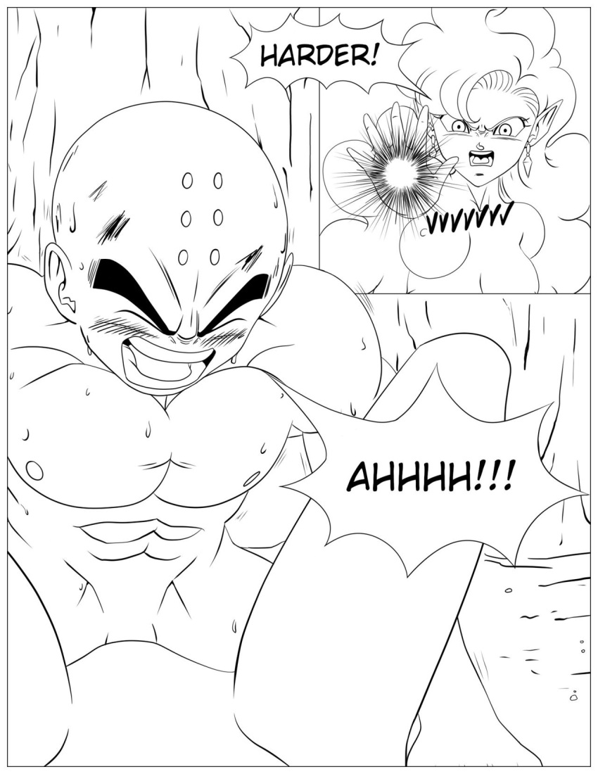 1boy 1girls angry bald black_and_white comic dragon_ball dragon_ball_z enessef-uu english_text female femdom krillin kuririn long_hair male muscular_male penis race_of_hera sex straight threatening vaginal_sex zangya