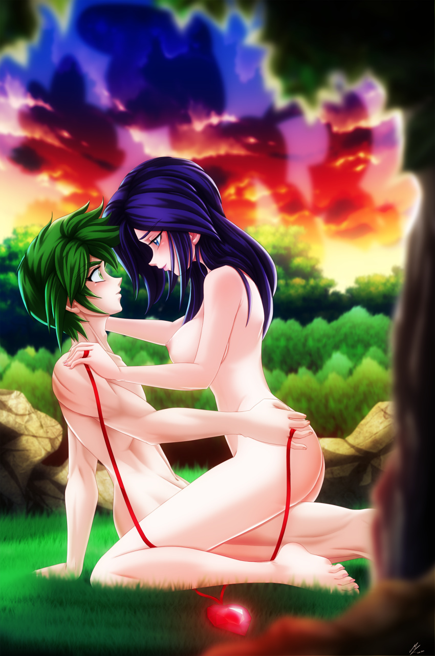 1boy 1boy1girl 1girls ass bubble_butt forest friendship_is_magic green_eyes green_hair humanized imminent_sex large_breasts looking_at_each_other mauroz my_little_pony my_little_pony_friendship_is_magic nude nude_female nude_male purple_eyes purple_hair rarity_(mlp) smooth_skin sparity spike_(mlp) sunset voluptuous