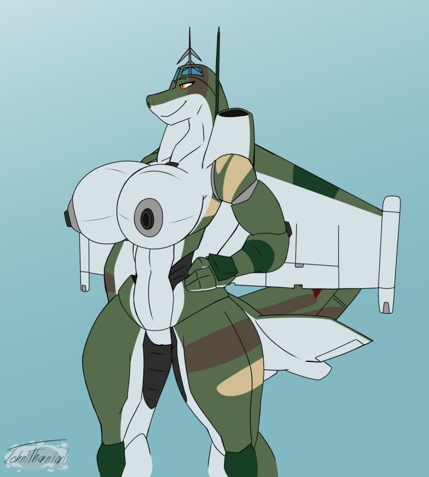 aeromorph aircraft airplane big_breasts female jet johnithanial living_aircraft living_machine orange_eyes scalie simple_background su-25