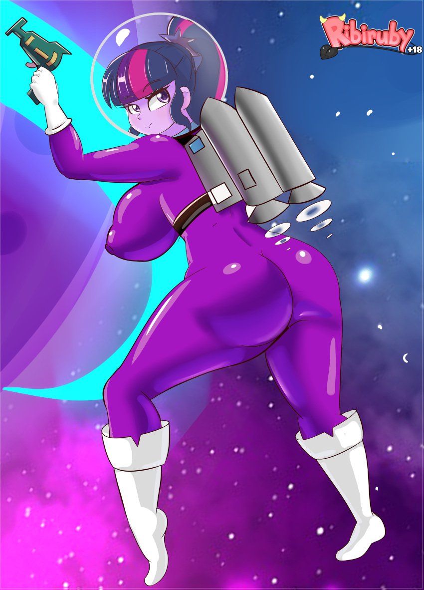 1girls ass astronaut big_breasts boobs_and_butt_pose boots breasts commission curvy equestria_girls female friendship_is_magic gloves hasbro helmet hi_res highres jetpack large_breasts laser laser_gun latex latex_suit looking_at_viewer looking_back my_little_pony nipples_visible_through_clothing raygun retro ribiruby sci-twi science_fiction sideboob skin_tight skintight skintight_suit solo solo_female space space_helmet spacesuit thick thighs twilight_sparkle_(mlp)