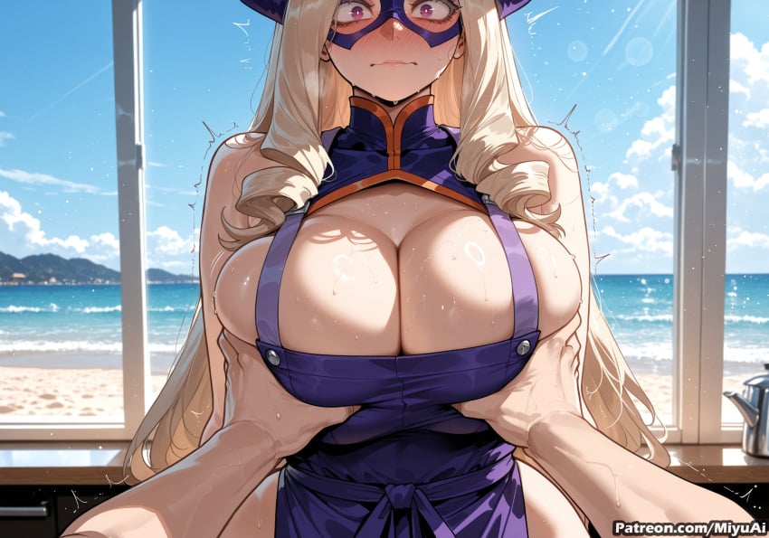 mount_lady boku_no_hero_academia my_hero_academia miyuai ai_generated ai_assisted thick_thighs thick_ass thick thick_legs thick_hips thick_butt wide_hips wide_thighs voluptuous voluptuous_female curvy curvy_figure curvaceous curvy_female female breasts breast_grab grabbing 1girl ocean trembling long_hair blonde_hair beach day sky drill_hair blue_sky cleavage cloud rating:questionable purple_eyes blush sweat looking_at_viewer breast_squeeze bangs very_long_hair water hat large_breasts pov closed_mouth horizon outdoors twitter_username