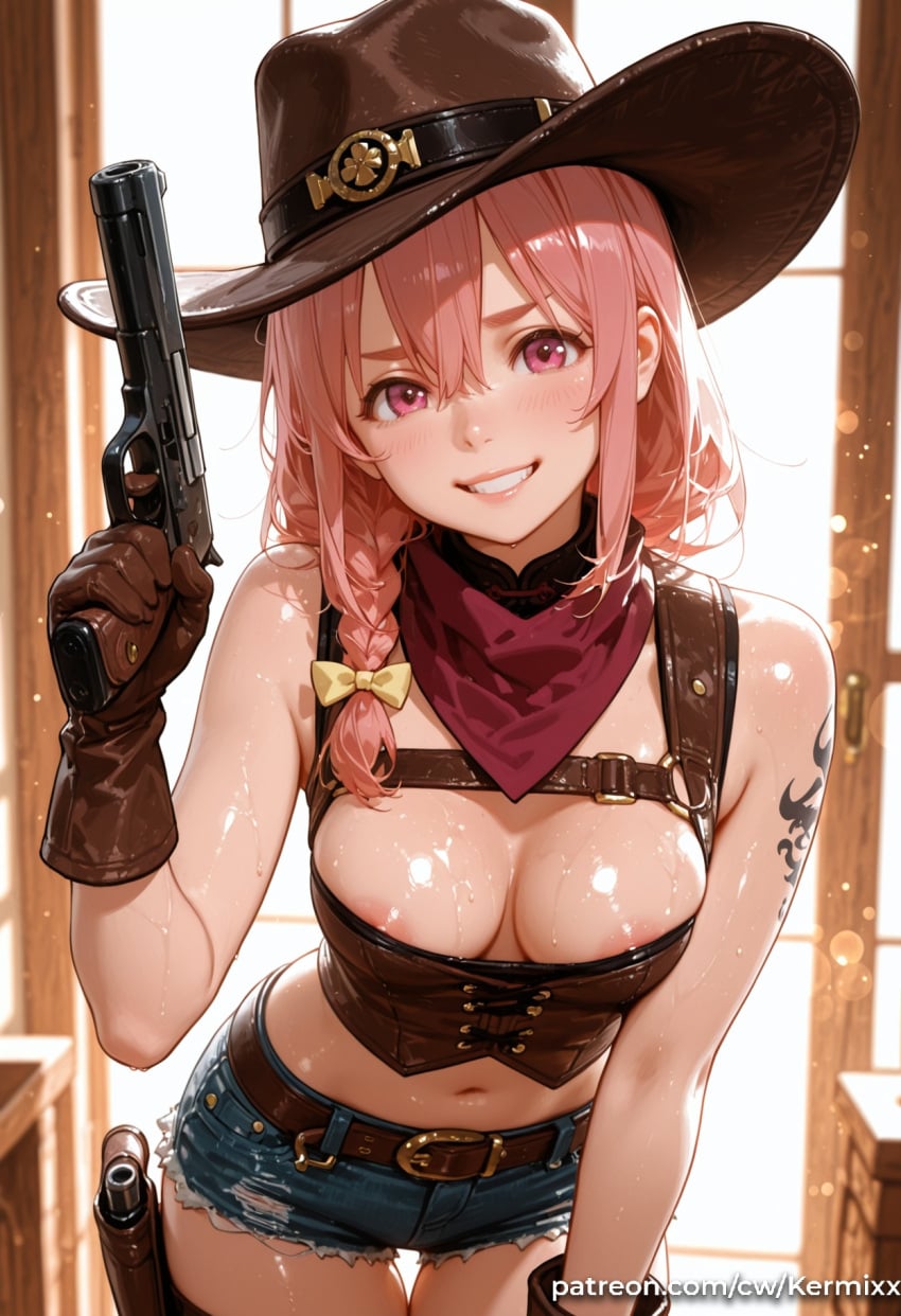 1girl ai_generated areola_slip arm_tattoo bandana bangs bare_shoulders belt blush bow braid breasts brown_gloves brown_headwear buckle cleavage cowboy_hat cowboy_shot cowboy_western crop_top cutoffs denim denim_shorts gloves grin gun hair_between_eyes hair_bow hand_up handgun hat holding holding_gun holding_weapon holster indoors kanojo_okarishimasu kermixx leaning_forward long_hair looking_at_viewer medium_breasts midriff navel patreon_username pink_eyes pink_hair revolver sakurasawa_sumi shiny shiny_skin short_shorts shorts side_braid single_braid smile solo stomach sweat tattoo teeth thigh_gap weapon window yellow_bow