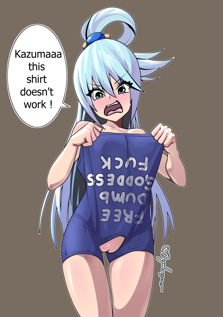 absurdres angry aqua_(konosuba) blue_eyes blue_hair breasts clothed clothes_writing clothing commentary english_commentary english_text fair-skinned_female fair_skin female fuck-me_shirt hair_rings highres kono_subarashii_sekai_ni_shukufuku_wo! light-skinned_female light_skin long_hair medium_breasts meme_attire myahogao naked_shirt no_panties open_mouth partially_clothed pussy shirt skindentation solo speech_bubble t-shirt teeth text thigh_gap tongue uncensored wardrobe_error