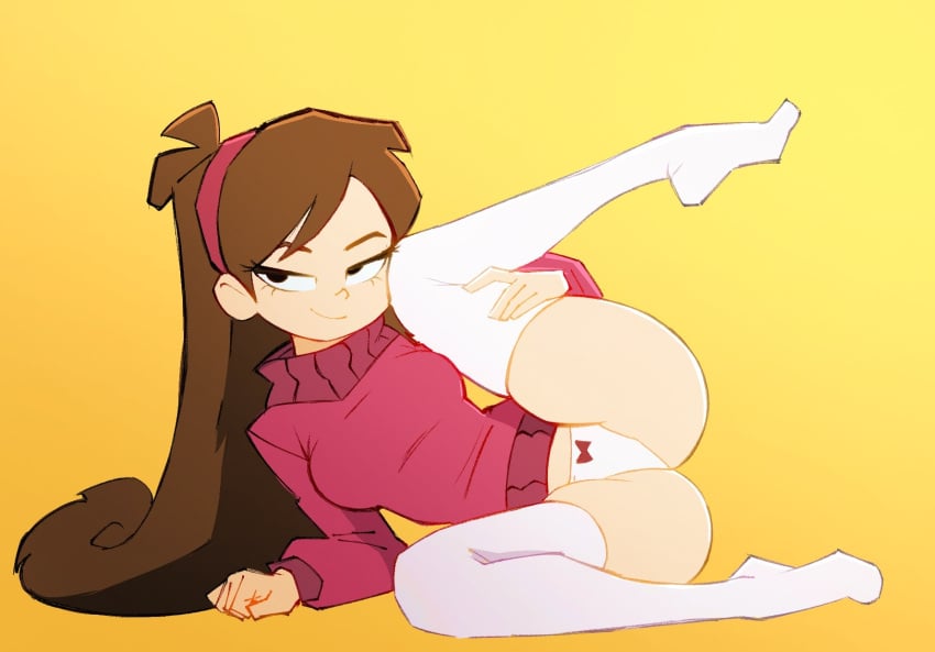 1girls ass black_eyes bow_panties breasts breekn brikmk brown_hair clothed clothed_female disney disney_channel disney_xd female female_only gradient_background gravity_falls hairband human light-skinned_female light_skin long_hair lying mabel_pines open_legs panties red_hairband red_sweater smile solo sweater thighhighs very_long_hair white_legwear white_panties white_thighhighs