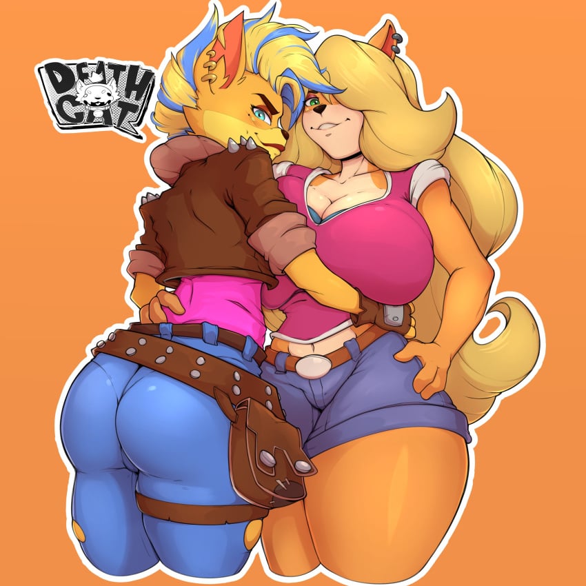 2girls activision anthro ass bandicoot big_ass big_breasts big_butt blonde_hair blue_eyes blue_hair bottom_heavy breasts bubble_ass bubble_butt cleavage clothed counterpart crash_(series) crash_bandicoot_4:_it's_about_time earrings fat_ass fat_butt female female_only females females_only green_eyes hair_over_one_eye huge_breasts jeans large_ass large_breasts large_butt looking_at_viewer looking_back marsupial marsupial_humanoid mrdeathcat pants pirate_tawna selfcest smile smirk sony_corporation tawna_bandicoot tawna_bandicoot_(crash_4) thick_ass thick_thighs tight_jeans tight_pants top_heavy two_tone_hair wide_hips yuri