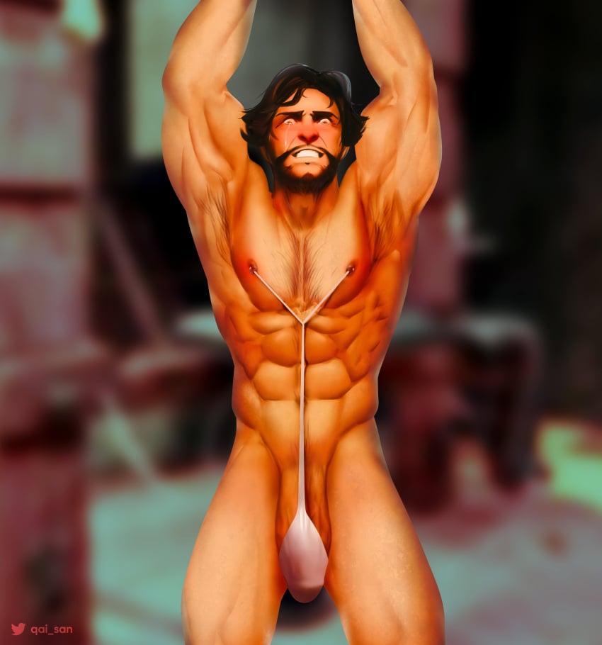 1boy abs armpits banana_hammock beard biceps bulge captured flaccid_cock huge_cock male male_only mankini marvel marvel_comics nipple_clamp_pull nude pecs pierced_nipples piercing qai_san solo solo_male thick_thighs tied_up wolverine_(x-men) x-men yaoi