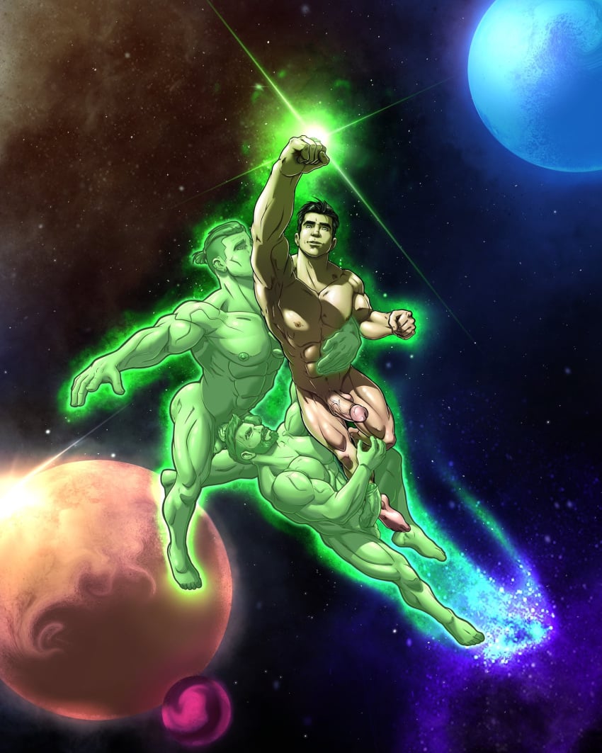 3boys abs armpits ass beard biceps blitzturner dc dc_comics erect_nipples erection flying gray_eyes green_lantern holding_legs holding_waist huge_cock kyle_rayner male/male male_only multiple_males multiple_penises muscular muscular_male nude pecs power_ring space thick_thighs tied_hair