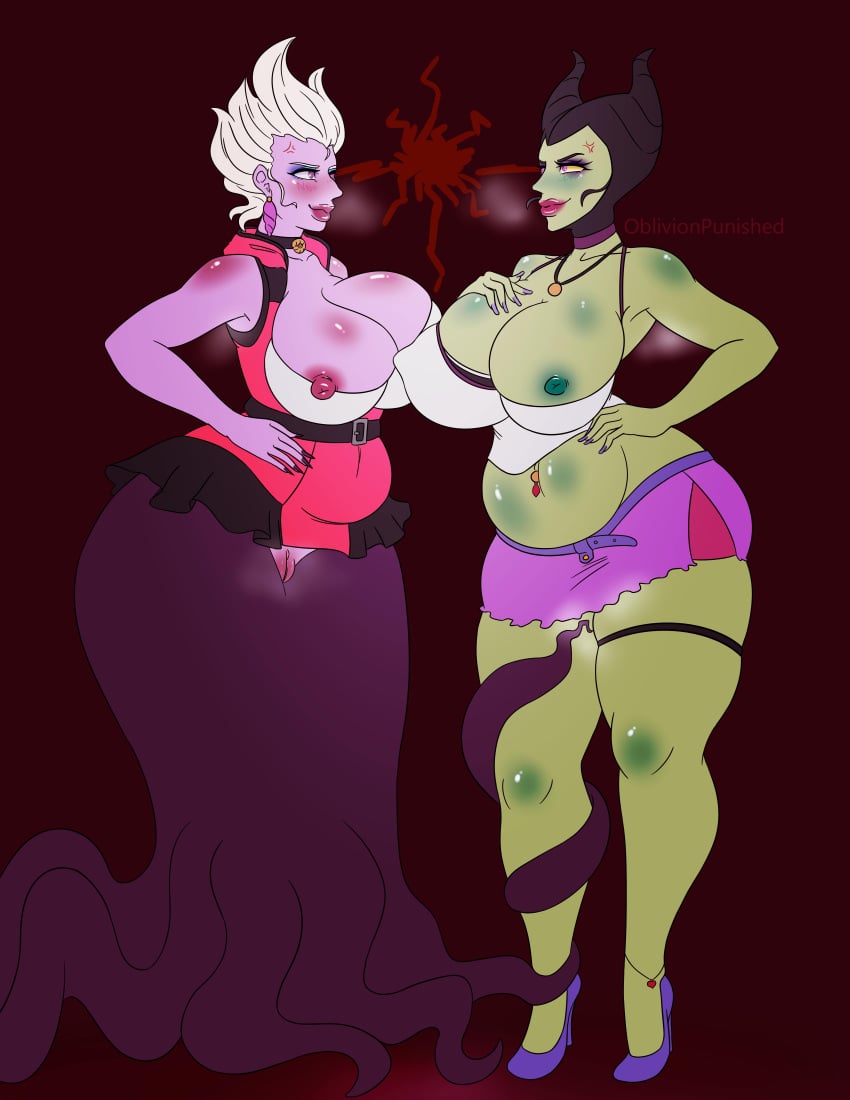 2021 artist_name big_ass big_breasts big_lips cosplay crossover disney disney_villains impossible_clothes kairi kairi_(cosplay) kingdom_hearts maleficent mature_female nipples oblivionpunished plump red_background sleeping_beauty_(1959_film) tentacle the_little_mermaid ursula ursula_(the_little_mermaid)