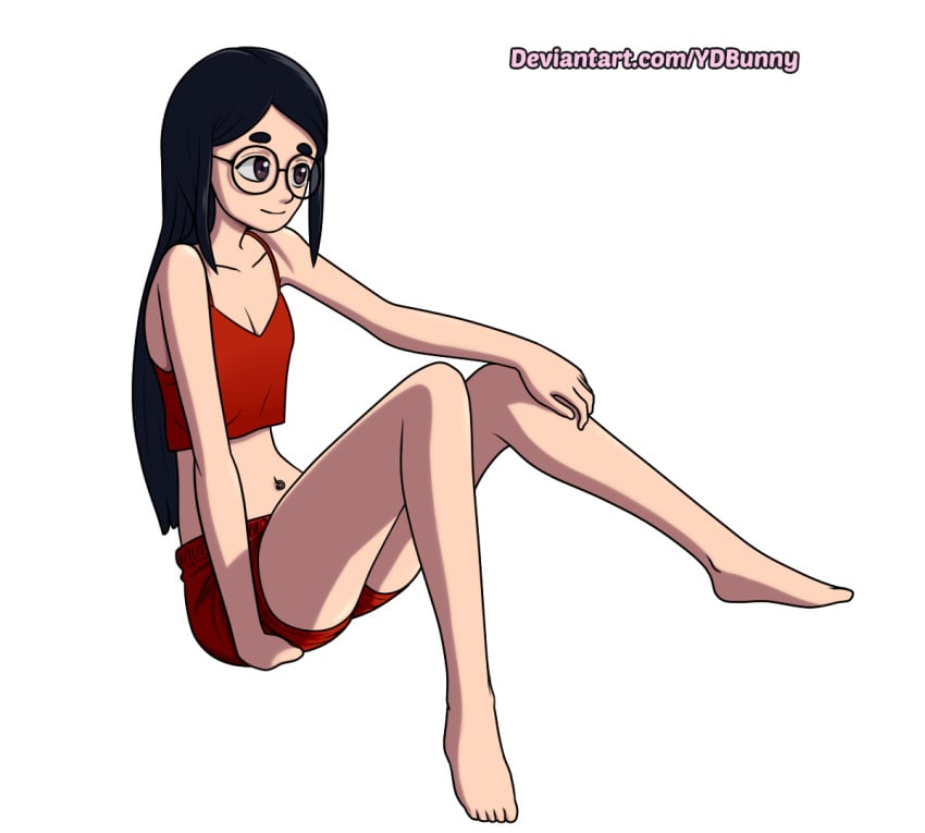 1girls animated barefoot black_hair breast_expansion breasts cleavage female female_only fully_clothed glasses huge_breasts long_hair navel navel_piercing solo underboob ydbunny