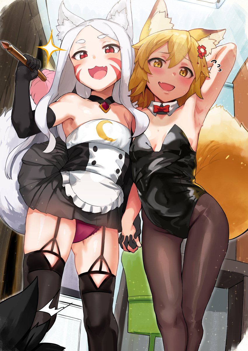 2girls black_skirt bunnysuit female female_only fox_ears fox_girl fox_tail hews_hack kemonomimi kitsune kitsunemimi light-skinned_female light_skin pleated_skirt red_eyes senko_(sewayaki_kitsune_no_senko-san) sewayaki_kitsune_no_senko-san shiro_(sewayaki_kitsune_no_senko-san) skirt small_breasts stockings upskirt yellow_eyes yellow_hair