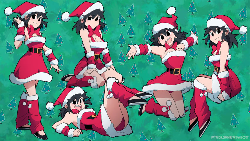 ass bare_thighs black_eyes black_hair christmas cleavage female legs_up lucia_(scott_malin) multiple_poses on_back panties pantyshot red_panties santa_costume santa_hat scott_malin source_request tagme the_panty_bear underwear upskirt