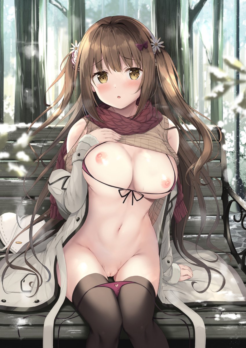 1girls big_breasts bikini breasts detexted nipples panty_pull photoshop pussy shirt_lift solo sweater swimsuits thighhighs tomoo uncensored wardrobe_malfunction