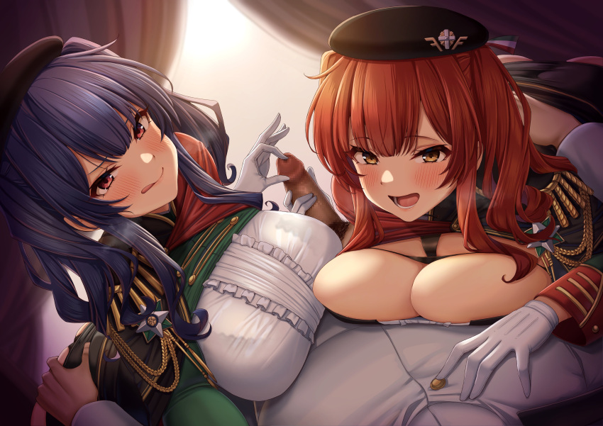 1boy 2girls :q absurdres aiguillette ass_grab azur_lane bangs beret blush bra_through_clothes bra_visible_through_clothes breasts brown_eyes cape censored cleavage commander_(azur_lane) curtains double_handjob epaulettes eyebrows_visible_through_hair gloves handjob hat heavy_breathing highres huge_breasts indoors long_hair looking_at_viewer male_pubic_hair military military_uniform momo_no_sukebe mosaic_censoring multiple_girls naval_uniform open_mouth penis pola_(azur_lane) pov pubic_hair purple_hair red_hair sidelocks skindentation smile straight teasing_penis tongue tongue_out twintails uniform white_gloves zara_(azur_lane)