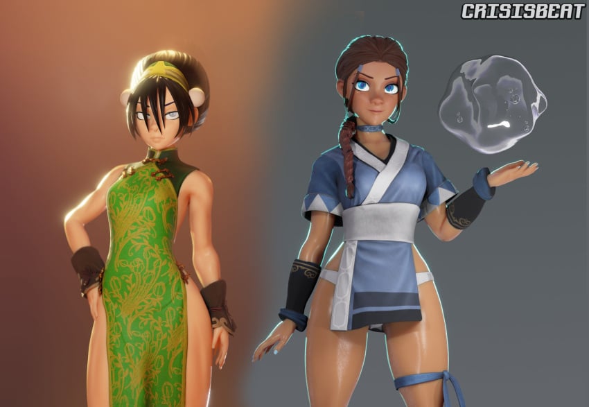 2girls 3d aged_up alternate_costume anklewear artist_name athletic avatar_the_last_airbender bangs bare_legs black_hair blind blue_eyes blue_nails casual choker clothing crisisbeat cute dark-skinned_female dark_skin double_slit_dress dress earth_kingdom female female_only fingernails friends front_view fully_clothed gauntlets gradient_background grey_eyes handwear headwear hourglass_figure human katara kimono legband legs light-skinned_female light_skin looking_at_viewer martial_arts nail_polish nickelodeon no_panties no_panties_under_dress pale_skin panties pelvic_curtain petite qipao shiny_skin short_hair shortstack side_by_side sideless_dress sideless_outfit slit_dress small_breasts standing tabard thick_legs thick_thighs thighs tomboy toned toned_female toph_bei_fong voluptuous water water_tribe waterbending white_eyes wristwear