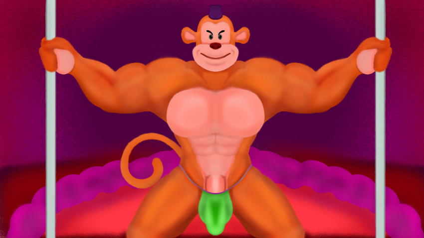 16:9 anthro big_bulge bulge clothing furry genitals half-erect haplorhine hat headgear headwear hehdgd hi_res jockstrap kneeling love_bed male mammal monkey monkeybone multicolored_body muscular muscular_anthro muscular_male penis pole primate purple_clothing purple_hat purple_headwear smiling_at_viewer solo stripper_pole toony two_stripper_poles two_tone_body underwear widescreen