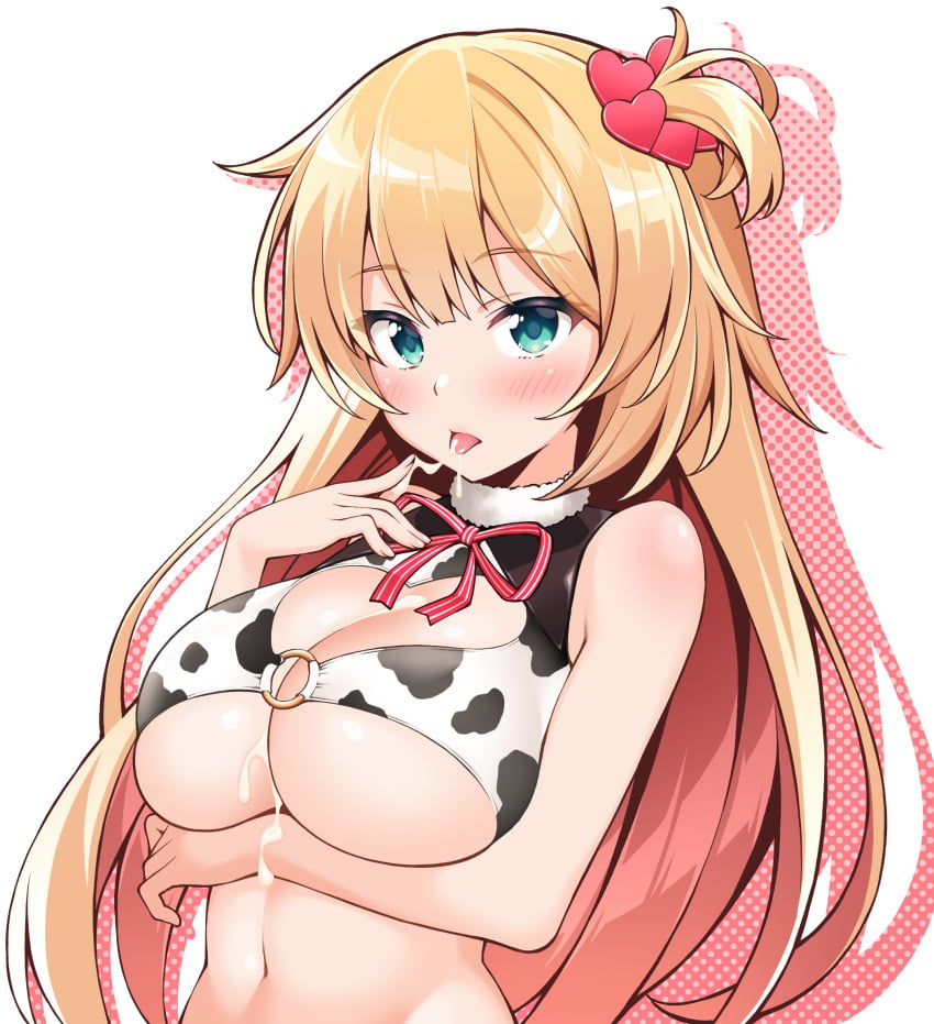 akai_haato animal_print arm_under_breasts bangs bare_arms bare_shoulders bell blonde blonde_hair blush breasts chinese_zodiac cleavage commentary_request cow_girl cow_print cream eyebrows_visible_through_hair female female_only hair_ornament heart heart_hair_ornament highres hololive hololive_gen_1 hololive_japan inagita large_breasts long_hair looking_at_viewer navel o-ring o-ring_bikini open_mouth plain_background red_ribbon ribbon sexually_suggestive simple_background solo solo_female stomach striped striped_ribbon suggestive_fluid tongue tongue_out underboob upper_body very_long_hair virtual_youtuber white_background white_ribbon year_of_the_ox