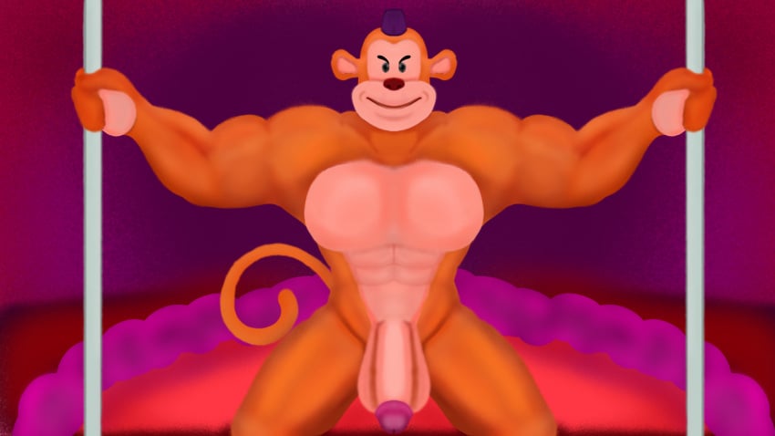 16:9 anthro big_penis genitals half-erect haplorhine hehdgd hi_res kneeling love_bed male mammal monkey monkeybone multicolored_body muscular muscular_male penis primate smiling_at_viewer two_stripper_poles two_tone_body widescreen