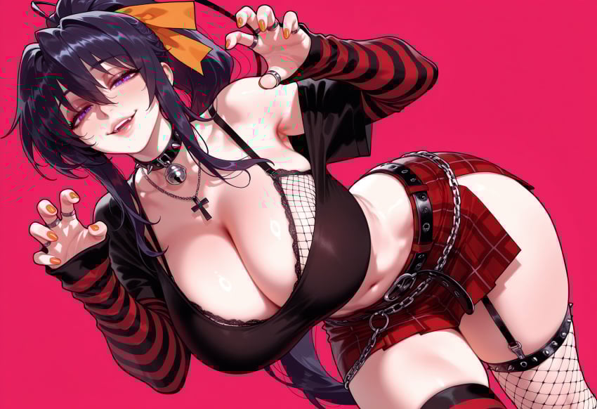 1girls ai_generated akeno_himejima asymmetrical_legwear balecxi bare_shoulders bell belt black_belt black_bra black_hair black_shirt blush bra bra_strap breasts chains choker claw_pose cleavage clothing collar collarbone crop_top cross cross_necklace curvaceous curvaceous_female curvaceous_figure curvy curvy_figure female female_focus fishnet_legwear fishnet_thighhighs fishnets garter_straps hair_between_eyes hair_ornament hair_ribbon high_ponytail high_school_dxd huge_breasts inviting inviting_to_sex jewelry large_breasts leaning_forward legwear long_hair long_sleeves looking_at_viewer midriff miniskirt mismatched_legwear nail_polish navel neck_bell necklace off_shoulder open_mouth orange_nails orange_ribbon pink_background plaid plaid_skirt ponytail presenting presenting_ass presenting_breasts presenting_hindquarters presenting_self purple_eyes red_background red_skirt ribbon ring seductive seductive_look seductive_smile shirt sidelocks simple_background single_thighhigh skirt smile solo spikes striped_clothes striped_thighhighs teeth thick_thighs thighhighs thighs underwear very_long_hair voluptuous voluptuous_female