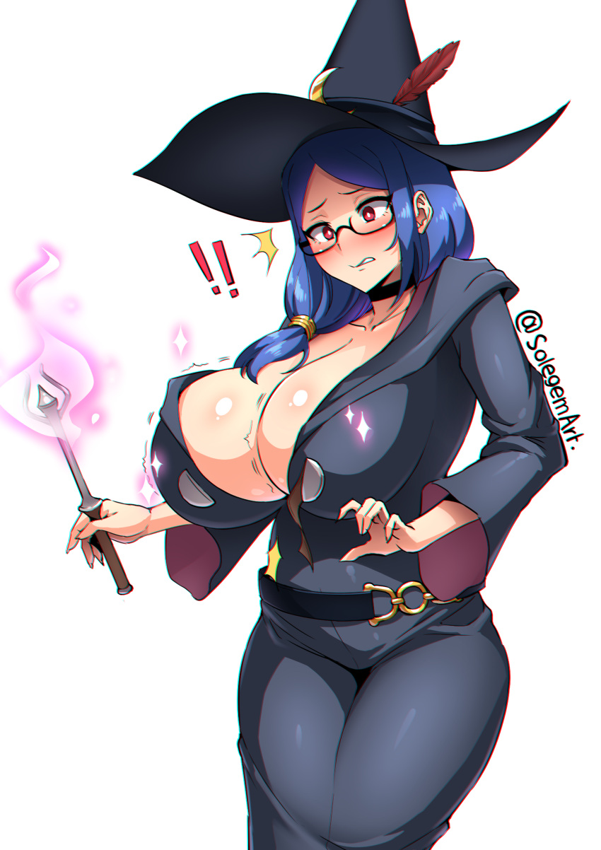 1girls big_breasts blue_hair breast_expansion breasts bursting_breasts cleavage glasses huge_breasts large_breasts little_witch_academia magic_wand milf red_eyes sole_gem solegemart solo solo_female source_request tagme thick thick_thighs thighs ursula_callistis witch witch_hat