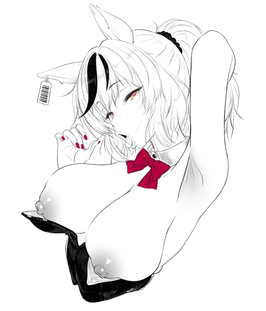 absurdres alternate_breast_size_(larger) animal_ears arm_up armpits bow bowtie breasts breasts_out brown_eyes commentary detached_collar ear_tag english_commentary fellatio_gesture female fingernails greyscale hair_ornament hair_scrunchie heart heart-shaped_pupils highres horse_ears horse_girl large_breasts leotard limited_palette looking_at_viewer monochrome multicolored_hair nail_polish naughty_face neko4xmata_(mao_zhuo) nice_nature_(umamusume) nipples nontraditional_playboy_bunny open_mouth ponytail red_bow red_bowtie red_nails scrunchie smile solo strapless strapless_leotard streaked_hair symbol-shaped_pupils tongue tongue_out umamusume undersized_breast_cup