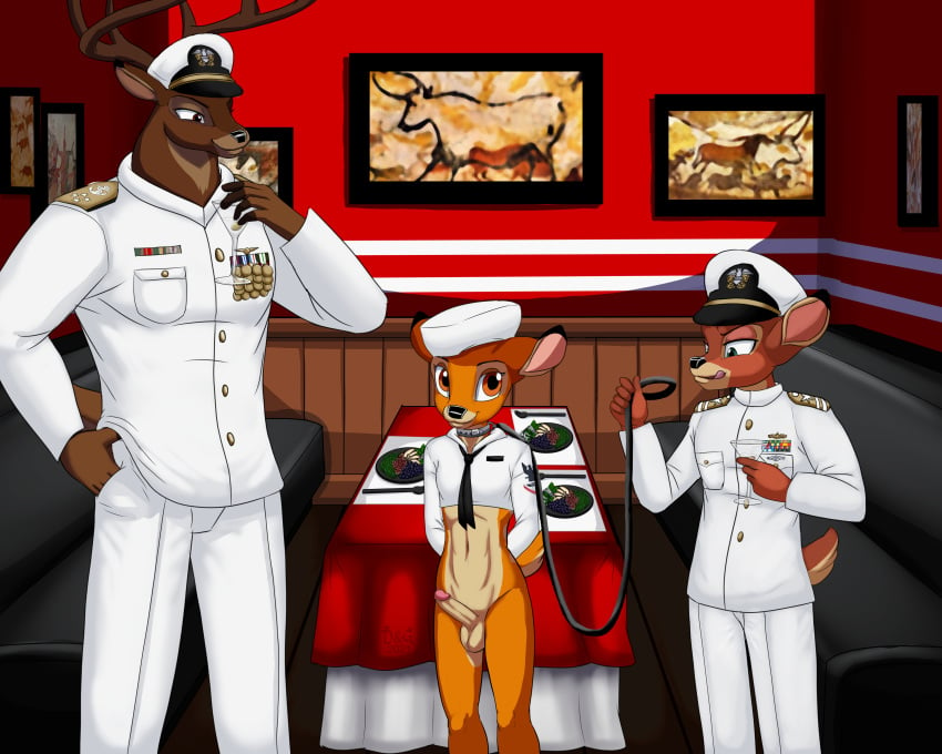 5:4 absurd_res anthro bambi_(character) bambi_(film) bondage bound collar cub deer dgemporium disney gay hi_res leash male male/male male_only navy navy_uniform party penis restaurant ronno slave testicles the_great_prince_of_the_forest