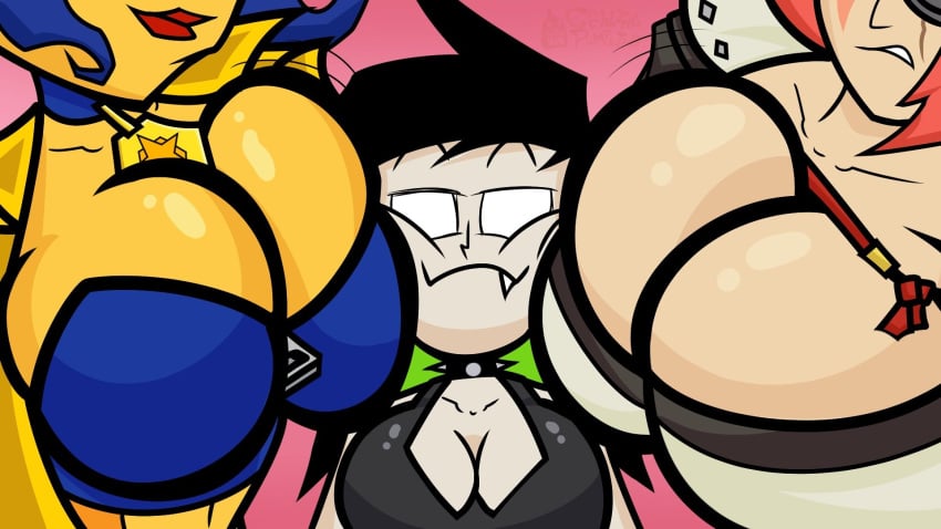 3girls anthro baiken big_breasts blue_hair breasts cacklingpumpkins carmelita_fox cop eyepatch furry guilty_gear guilty_gear_strive head_between_breasts huge_breasts jugs large_breasts lipstick orange_fur pink_background pink_hair samurai sly_cooper_(series) thumbnail yellow_fur