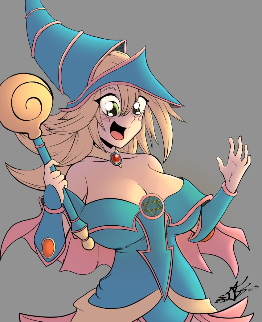 1girls arms bare_shoulders blonde_hair blue_dress blue_hat blush blush_stickers brooch cleavage dark_magician_girl duel_monster file gauntlets gold_necklace green_eyes grey_background highres huge_breasts jewelry jpg jpg_conversion jpg_file lips long_hair magical_girl magician magician_hat messy_hair monochrome navel necklace neckline open_mouth pink_lips pink_skirt pink_trim risque_studio ruby ruby_necklace scepter sketch smile spikey_hair teeth thick_thighs thighs third-party_edit tongue very_long_hair wand witch yellow_trim yu-gi-oh! yu-gi-oh!_duel_monsters