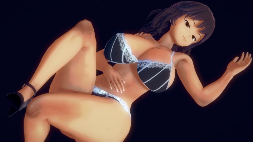 1girls 3d 3d_(artwork) big_breasts bra brown_eyes brown_hair curly_hair curvaceous curvy female_focus female_only half-closed_eyes hand_on_stomach high_heels huge_breasts koikatsu large_breasts laying_on_bed looking_at_viewer panties patreon pinup revealing_clothes runa_(takeo92) seductive shoulder_length_hair simple_background smile solo takeo92 thick_thighs tight_clothing underwear_only wide_hips