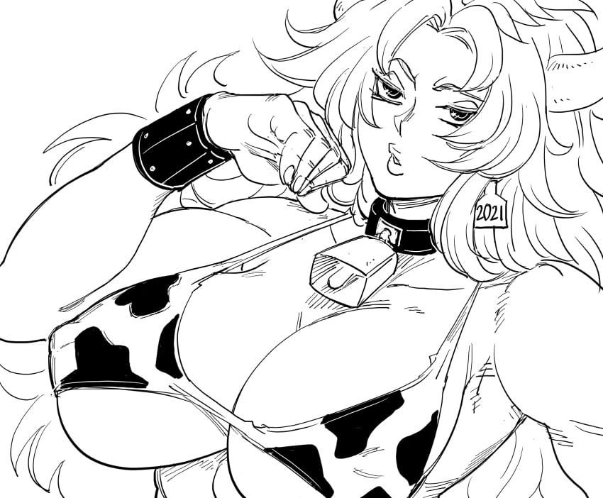 bb_(baalbuddy) cow_girl cow_print cow_print_bikini cowbell highres large_breasts monochrome muscular_female queen's_blade risty solo tagme white_background