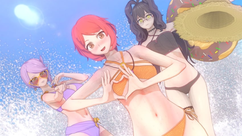 3girls beach bikini bikini_bottom bikini_top black_hair blush boob_heart brown_eyes chocker danganronpa danganronpa_another fanganronpa female female_only hand_heart heart_boob heart_hands heart_symbol koikatsu koikatsu_(medium) looking_at_viewer maeda_aiko milf milfs mitsume_kokoro mommy mommy_kink mother only_female pink_hair red_hair sunglasses super_danganronpa_another_2 tomori_minako yellow_eyes