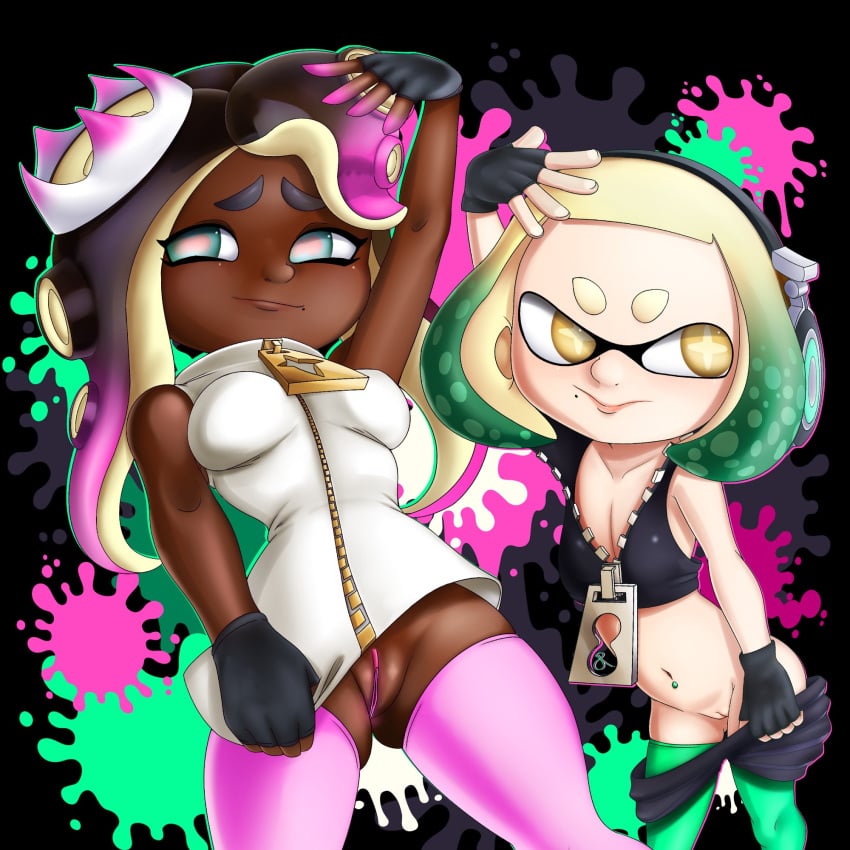 1:1 animal_humanoid aquatic black_background black_bottomwear black_clothing black_gloves black_hair black_handwear black_shorts black_topwear blonde_hair bottomwear bottomwear_down breasts cephalopod cephalopod_humanoid clothed clothing cosplay cross_pupils crown dark_body dark_skin duo electronics eyelashes female fingerless_gloves front_view genitals gloves green_clothing green_eyes green_hair green_legwear green_thigh_highs hair handwear headgear headphones hi_res horizontal_pupils humanoid inkling legwear long_hair marina_(splatoon) marina_(splatoon)_(cosplay) marine_humanoid mole_under_mouth mollusk mollusk_humanoid multicolored_hair navel navel_piercing nintendo no_underwear octarian octoling octopus_humanoid partially_clothed pearl_(splatoon) pearl_(splatoon)_(cosplay) piercing pink_clothing pink_hair pink_legwear pink_thigh_highs pseudo_hair pupils rasenxoru shorts shorts_down simple_background splatoon squid_humanoid tan_body tan_skin tentacle tentacle_hair thick_thighs thigh_highs topwear two_tone_hair upskirt vulva white_clothing wide_hips yellow_eyes zipper