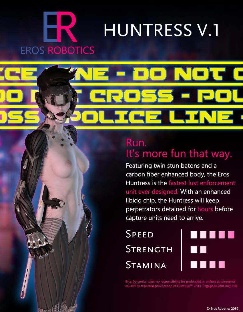 advertisement android baton black_hair breasts character_sheet cybernetics cyborg exposed_breasts female female_only fit fit_female hidden_eyes lipstick muscular muscular_arms nipples pale_skin police police_baton poster robot robot_arm robot_girl sci-fi scifi shiftybizness spiked_hair vagina weapon