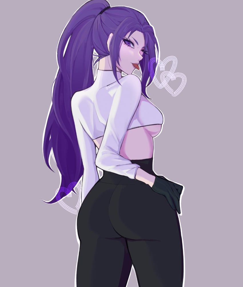 backside big_ass blue_lock hand_on_hip heart legging long_hair medium_breasts ponytail purple_hair reo_mikage rule_63 saduaru shirt side_boob sideboob tongue_out underboob wink