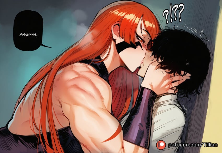 1boy against_wall ai_generated assertive_female bangs bare_shoulders biceps black_hair blush english_text female french_kiss fuma_kotaro_(tenkaichi) kissing long_hair muscular muscular_female orange_eyes orange_hair red_hair short_hair speech_bubble straight tattoo tenkaichi_nihon_saikyou_bugeisha_ketteisen tillian