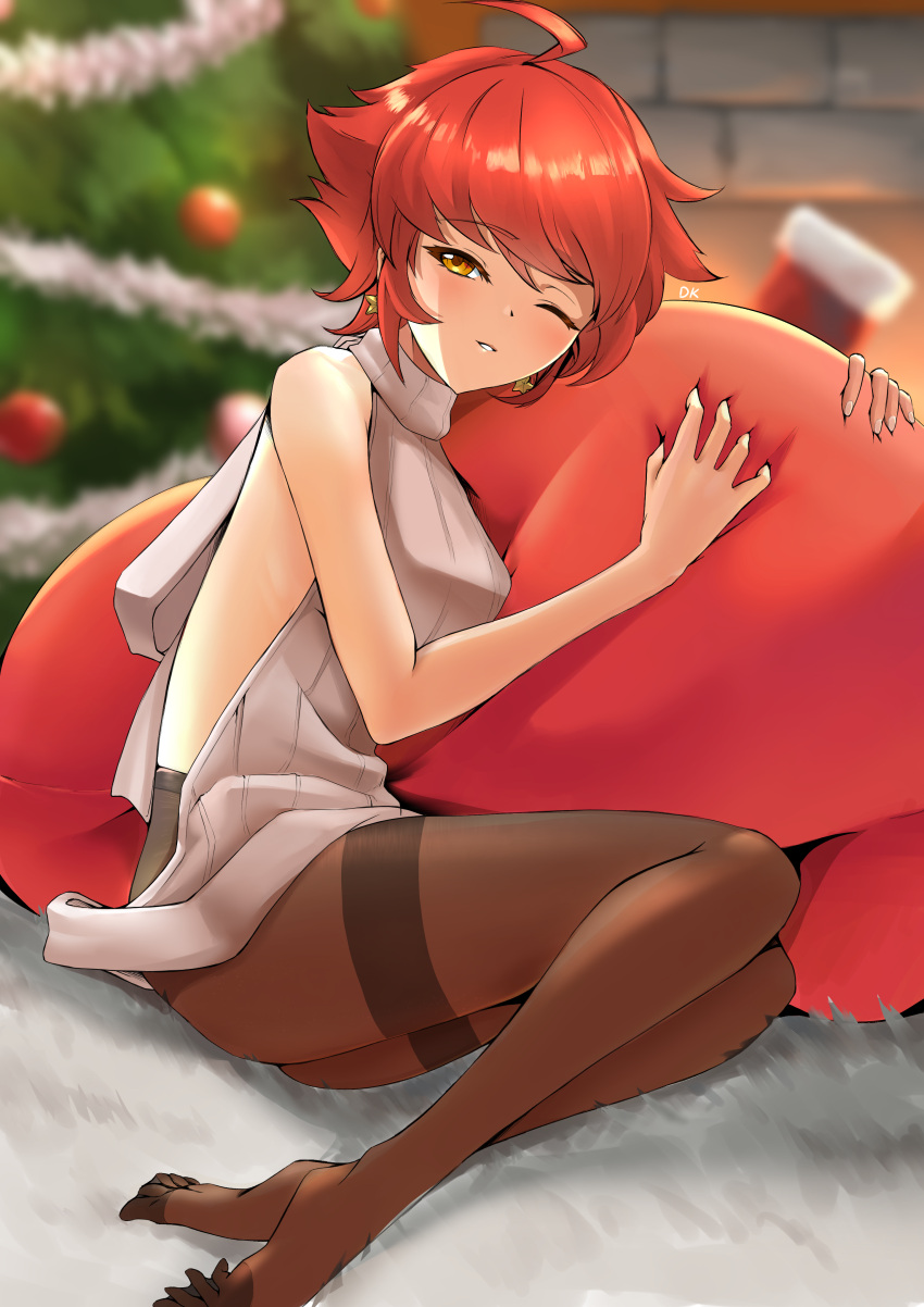 1girls ahoge christmas deekei earrings fire_emblem fire_emblem_fates hinoka_(fire_emblem) leggings looking_at_viewer nintendo one_eye_closed orange_eyes pantyhose pillow red_hair short_hair smile solo solo_female sweater virgin_killer_sweater wink