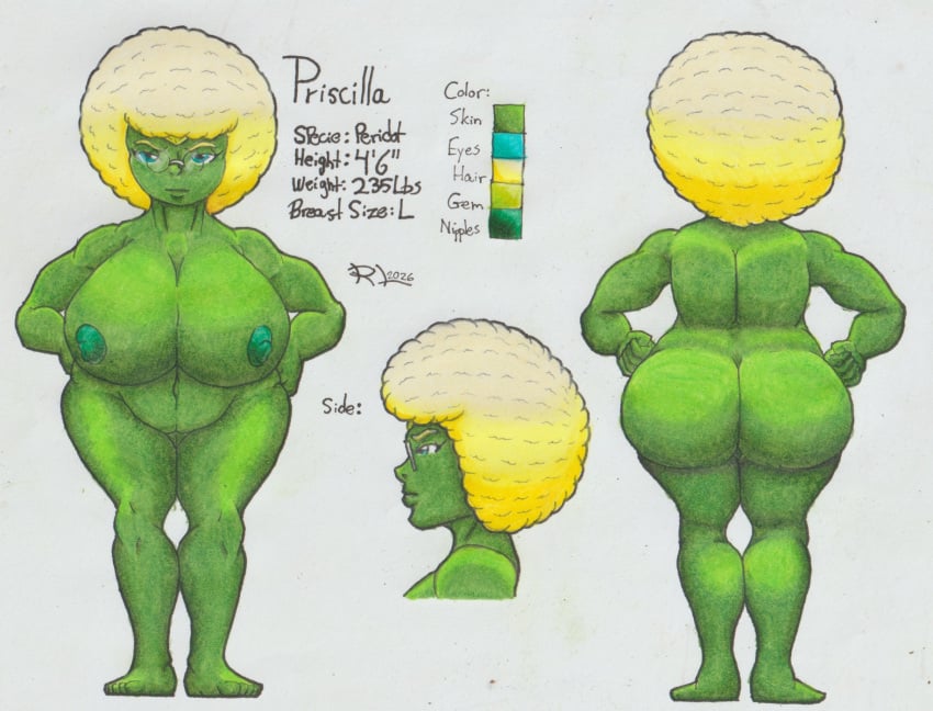 afro ass big_breasts big_butt blonde_hair breasts eyewear female forehead_gem gem glasses green_body green_skin hair hi_res model_sheet nipples nude peridot_(gem_species) priscilla_(darkrex) remaninglife shortstack solo traditional_media_(artwork)