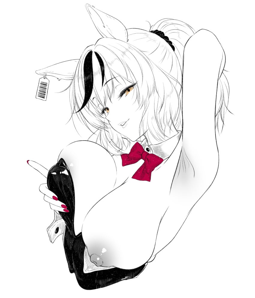 absurdres alternate_breast_size_(larger) animal_ears arm_up armpits bow bowtie breasts brown_eyes commentary_request detached_collar female fingernails grabbing_own_breast greyscale hair_ornament hair_scrunchie highres horse_ears horse_girl large_breasts leotard limited_palette looking_at_viewer monochrome multicolored_hair nail_polish neko4xmata_(mao_zhuo) nice_nature_(umamusume) nipples nontraditional_playboy_bunny one_breast_out ponytail red_bow red_bowtie red_nails scrunchie smile solo strapless strapless_leotard streaked_hair umamusume unaligned_breasts undersized_breast_cup