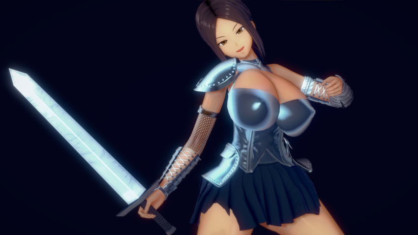 1girls 3d 3d_(artwork) armor armwear big_breasts brown_eyes brown_hair cleavage curvaceous curvy erect_nipples female_focus female_only fighting_stance heroine huge_breasts knight koikatsu large_breasts looking_at_viewer nipples_visible_through_clothing patreon pinup revealing_clothes runa_(takeo92) simple_background skirt smile smug solo sword takeo92 thick_thighs wide_hips