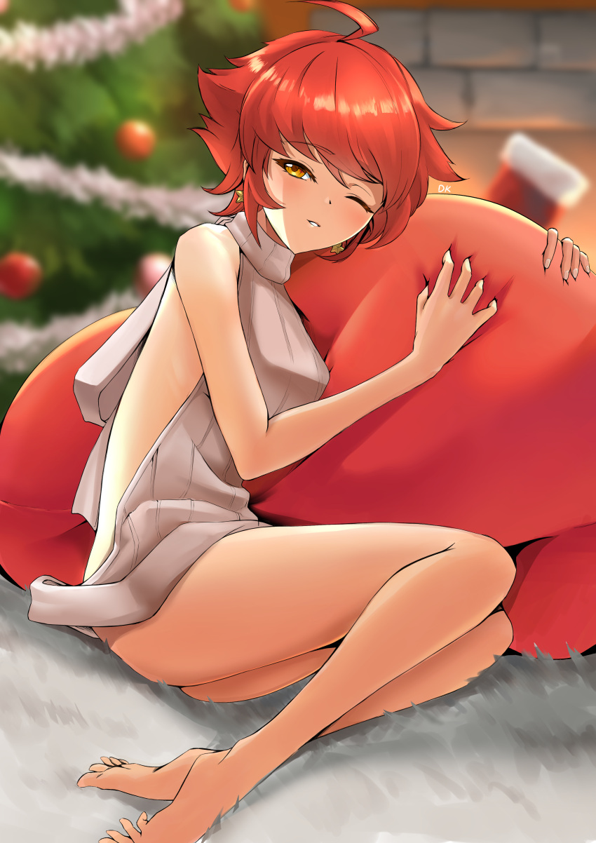 1girls ahoge bare_legs christmas deekei earrings fire_emblem fire_emblem_fates hinoka_(fire_emblem) looking_at_viewer naked_sweater nintendo one_eye_closed orange_eyes pillow red_hair short_hair smile solo solo_female sweater virgin_killer_sweater wink