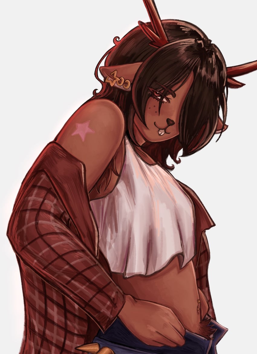 anthro antlers artist_request december_holiday deer deer_ears deer_girl deltarune dess_holiday digital_media_(artwork) female female_only hair_between_eyes hairy_pussy jeans piercings questionable reindeer reindeer_antlers reindeer_girl semi_nude sexy simple_background suggestive suggestive_look twitter_link