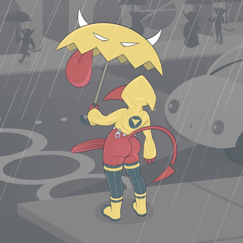 1boy 2024 2_horns 2d 2d_(artwork) ass back_view background beak black_legwear black_thighhighs blik_(gemsum) bottomless bottomless_male car clothed clothing coat color colored demon demon_tail dick digital_drawing_(artwork) digital_media_(artwork) exhibitionism exhibitionist footwear gemsum holding holding_umbrella hooded hooded_jacket hooded_male horns imp imp_male jacket long_dick long_penis male no_pupils open_umbrella partially_clothed penis penis_out public public_exposure public_indecency rain rain_boots rain_coat rainboots raincoat raining red_beak red_body red_penis red_skin red_tail sidewalk spade_tail tail thigh_highs thighhighs tongue umbrella white_sclera yellow_boots yellow_clothing yellow_coat yellow_footwear yellow_jacket yellow_raincoat yellow_topwear yellow_umbrella