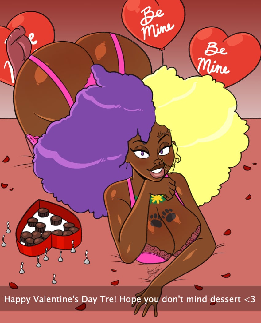 aeolus06 african african_female afro arched_back chest_tattoo chocolate dark-skinned_female dark_skin face_tattoo flirting hershey_kisses lingerie lingerie_only michelle_parker_(mrpersona93) original_character original_characters sfw sfw_version snapchat tattoo valentine valentine's_day