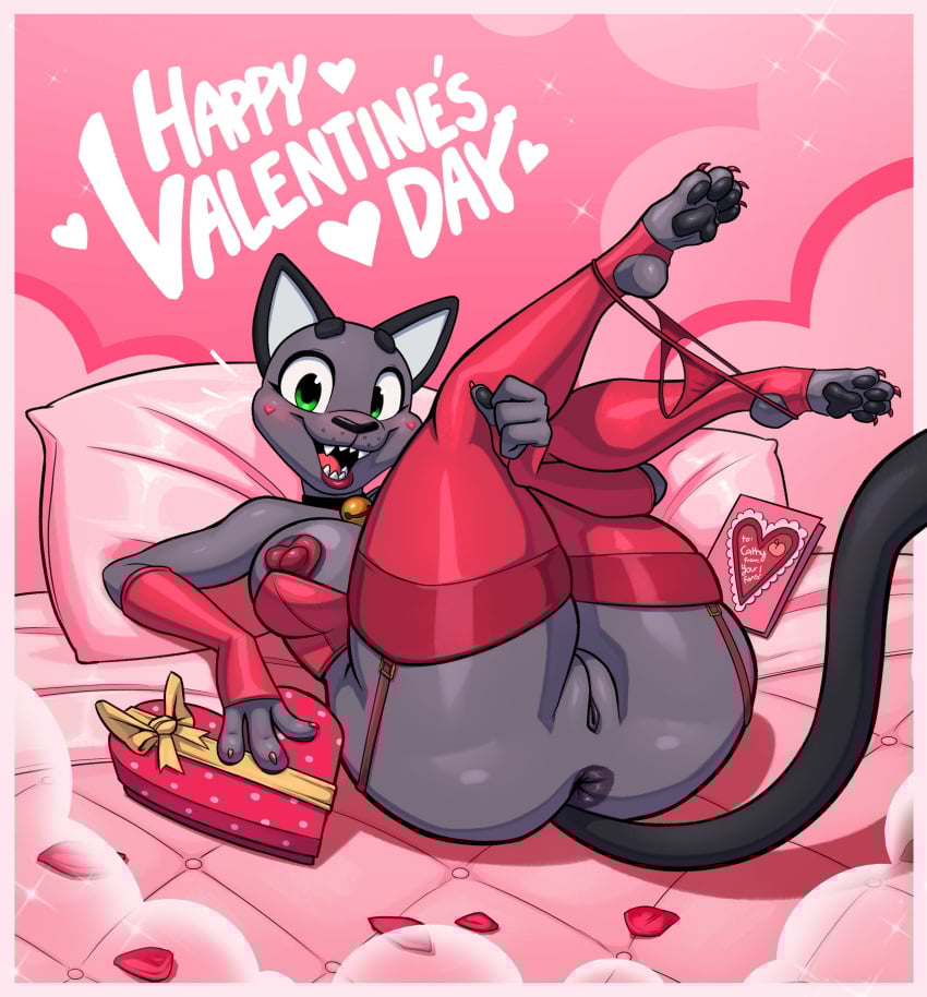 2026 4_fingers 4_toes absurd_res anthro anus areola armwear beat_banger bed bell bell_collar big_eyes black_anus black_areola black_nose black_pawpads black_vulva blush breasts bunfan_games cathy_smith clothed clothing collar digital_media_(artwork) domestic_cat elbow_gloves english_text feet felid feline felis female fingers furniture genitals glistening glistening_body gloves green_eyes grey_body handwear heart_box heart_pasties heart_symbol hi_res holding_both_legs holidays jingle_bell jingle_bell_collar legs_up legwear lipstick makeup mammal nipple_outline on_bed panties panties_down partially_clothed pasties pawpads paws petals pillow pink_background presenting red_lipstick rose_petals sharp_teeth simple_background skimpy solo tail teeth text thick_thighs thigh_highs toes toony ultrahyper underwear underwear_down valentine's_day vulva