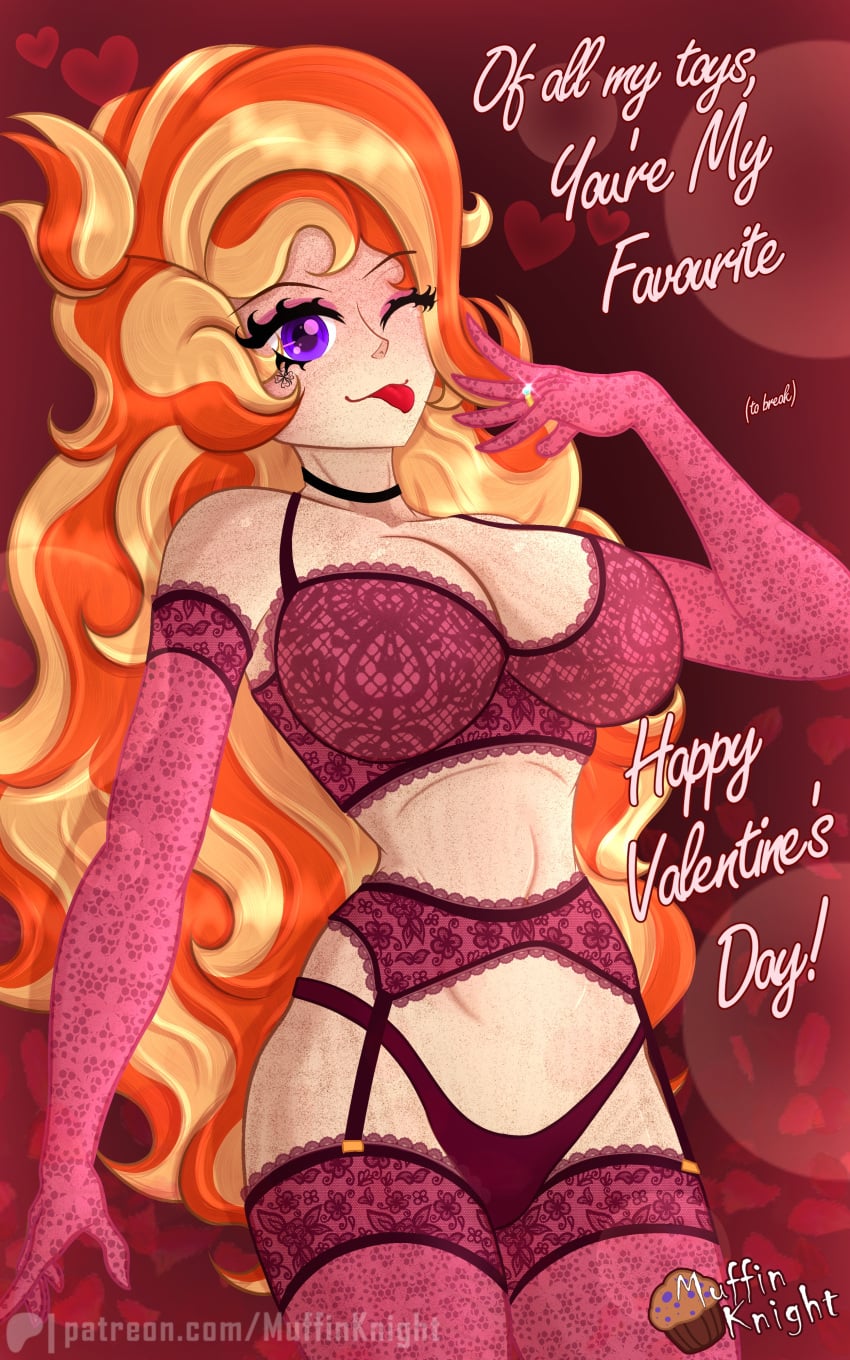 1girls april_(muffinknight) bicep_gloves blonde_hair cleavage freckles freckles_all_over freckles_on_breasts freckles_on_face garter_straps garterbelt ginger ginger_female heart hourglass_figure lace_gloves large_breasts lingerie long_hair looking_at_viewer muffinknight orange_hair pale-skinned_female pale_skin patreon patreon_username pink_lingerie pink_underwear purple_eyes stockings streaked_hair tattoo tattoo_on_face text underwear valentine's_day valentine's_day_card wedding_ring wide_hips wink winking winking_at_viewer writing