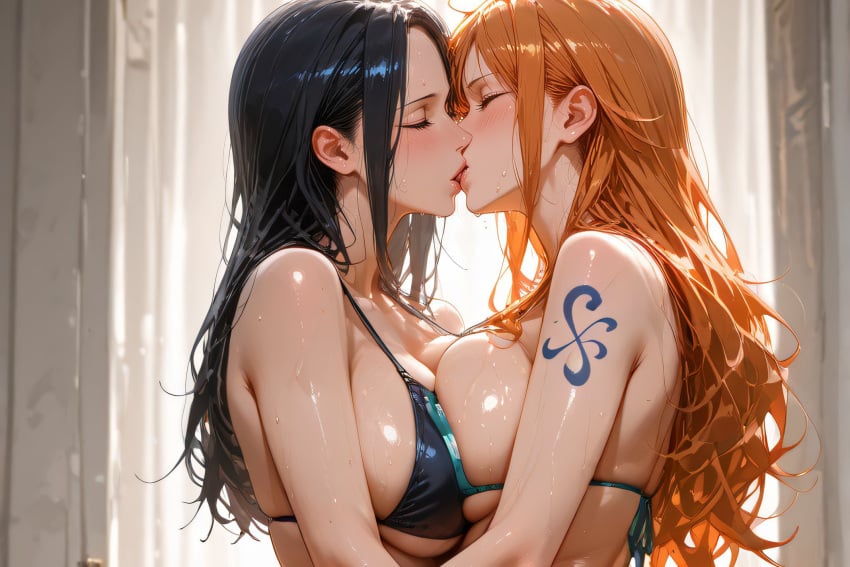 2girls 5_fingers ai_generated bare_shoulders bikini bikini_top black_bikini black_hair breasts brown_eyes catburglar_nami cleavage eyebrows eyelashes female female_only green_bikini green_eyes huge_breasts indoors jpg jpg_file kissing light-skinned_female light_skin long_eyelashes long_hair long_legs nami_(one_piece) neckline nico_robin one_piece orange_hair pink_lips straw_hat_pirates string_bikini tattoo thick_thighs thighs thin_eyebrows toei toei_animation toei_company underboob very_long_hair water white_trim yuri