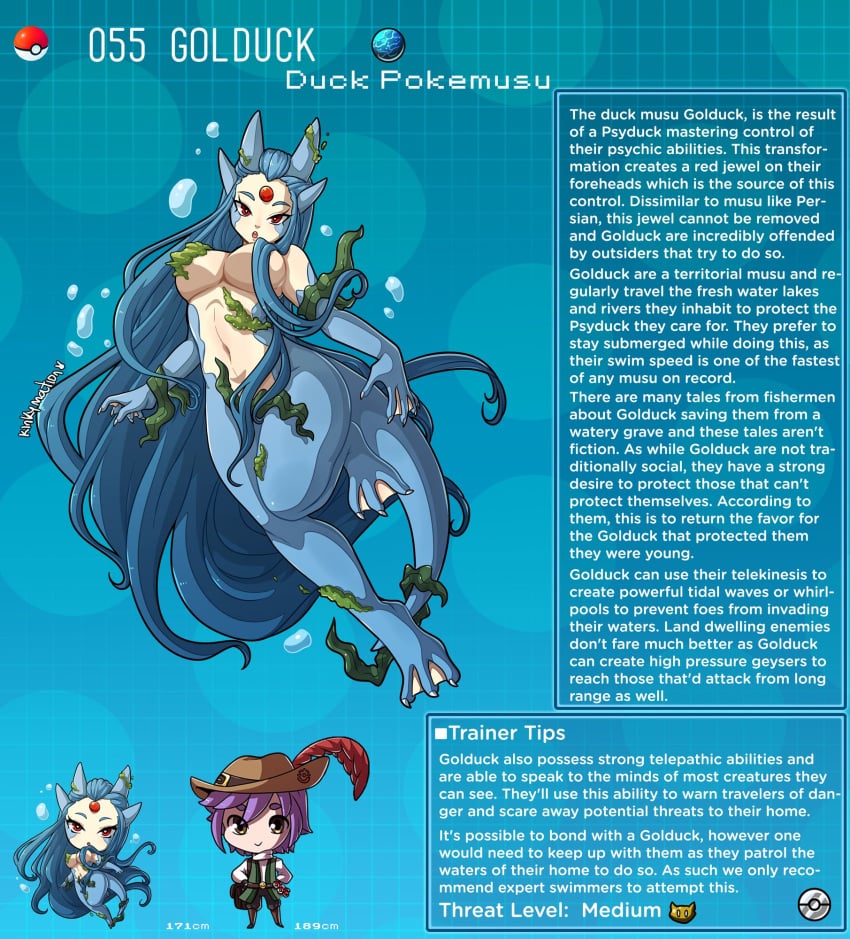 blue_hair blue_skin countershading creature_index english_text forehead_jewel functionally_nude golduck highres kinkymation long_hair medium_breasts nintendo page_55 page_number pokémon_(species) pokemon pokemon-girl_encyclopedia pokemon_rgby pokemorph pokemusu profile red_eyes tail text text_box webbed_feet webbed_hands