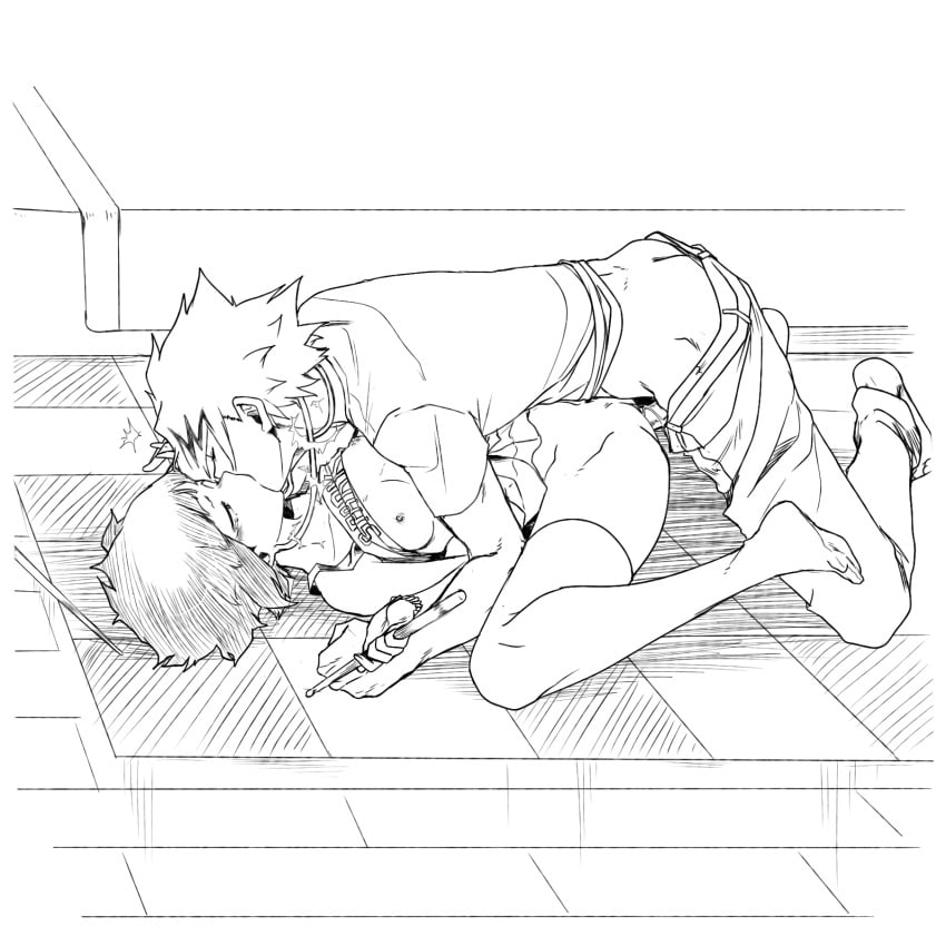 1boy 1girls areolae bottomless breasts breasts_apart breasts_out clothed clothed_sex clothing condom denki_kaminari drumsticks electricity embrace erection exposed_breasts fanon_couple full_body hairless_pussy half-closed_eyes happy happy_sex kissing kissing_while_penetrated kyoka_jiro line_art looking_pleasured making_out medium_breasts missionary_position monochrome mostly_clothed my_hero_academia nightlykrumbs nipples no_panties on_back passionate penis pleasure_face pussy romantic safe_sex sex shaved_pussy shirt shirt_lift shirt_up short_hair spread_legs thighhighs uncensored vaginal_penetration wholesome