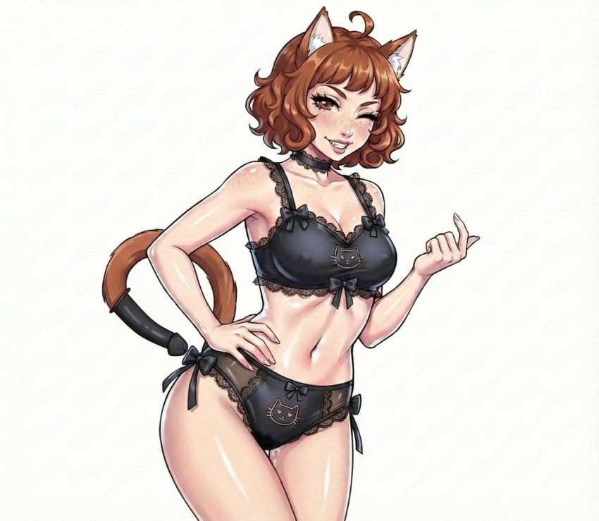 ai_generated big_breasts breasts cat_ears cat_tail catgirl catgirl_costume censored dildo female female_only hot latex lollololli simple_background tagme white_background