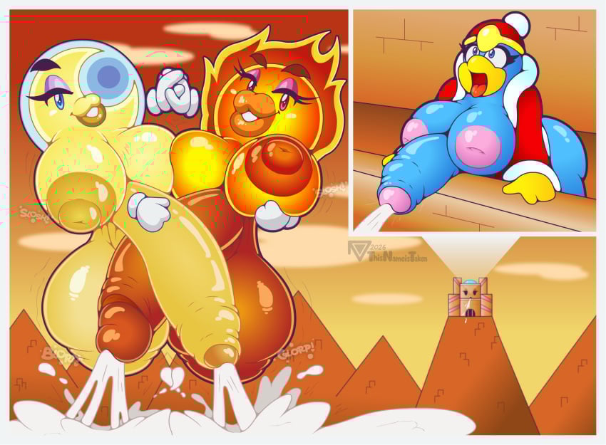 anthro avian ball_with_hyper_features balls big_balls big_breasts big_nipples big_penis bird bodily_fluids breasts castle cum cum_flooding excessive_cum excessive_genital_fluids eyebrows eyeshadow floating foreskin futa_only futanari genital_fluids genitals group half-closed_eyes hand_holding hand_on_breast hand_on_penis hi_res huge_balls huge_breasts huge_cock huge_nipples hyper hyper_balls hyper_cum hyper_genitalia hyper_penis intersex intersex/intersex inverted_nipples king_dedede kirby_(series) lips macro makeup moon mountain mr._bright mr._shine narrowed_eyes nintendo nipples outside partially_retracted_foreskin penguin penis redraw retracted_foreskin saggy_balls sun thick_eyebrows thick_lips thisnameistaken trio