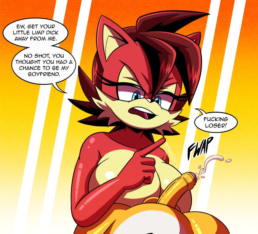 anthro archie_comics balls bodily_fluids breasts canid canine comic cum cxrryart dialogue duo english_text female fiona_fox fox fur genital_fluids genitals hi_res humiliation male male/female mammal nude penis penis_humiliation red_body red_fur sega small_penis_humiliation sonic_the_hedgehog_(archie) sonic_the_hedgehog_(comics) sonic_the_hedgehog_(series) tails tails_the_fox text yellow_body yellow_fur